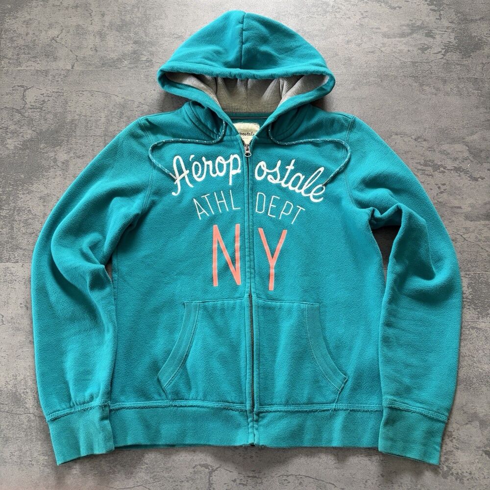 Y2K Aeropostale Zip Up Hoodie Teal Embroidered Stitched On Women's Size L